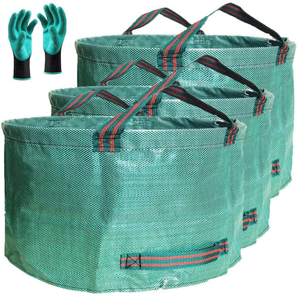 Standard 3-Pack 46 Gallon Lawn Garden Bags (D26,H19 in) Yard Waste Bags with Gardening Gloves for Leaf Bag,Yard Debris,Garden Trash Container,Camping Waste Bin,Lawn Weeds,Grass Clippings Bag 4 Handles