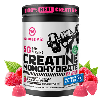Natures Aid NSF Certified Creatine Gummy 5g - Creatine Monohydrate Gummies – Pre-Workout Energy & Muscle Growth Support for Men & Women | Raspberry Electrolyte Gummies (135 Count)