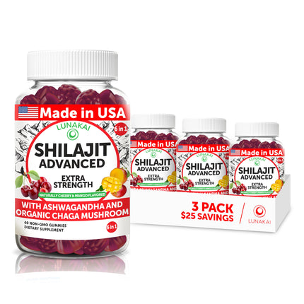 Lunakai USA Made 1200mg Pure Shilajit Gummies for Men & Women with Ashwagandha & Chaga – Supplement for Daily Energy & Vitality Support - 3 Pack
