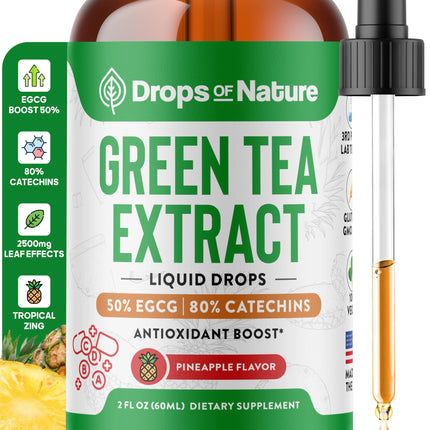 Green Tea 10:1 Extract 50% EGCG - Green Tea Liquid Drops - Vegan, 4X More Powerful Than Pills & Capsules - 2oz Antioxidant & Immune Supplement - Skin, Heart Support, Brain Health & Memory Boost