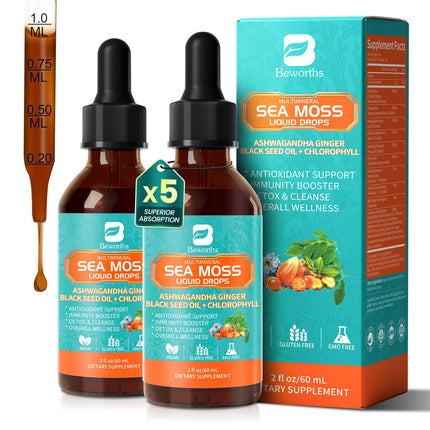 Sea Moss Drops - Irish Sea Moss Chlorophyll Liquid with Black Seed Oil, Ashwagandha, Moringa, Turmeric, Elderberry, Mullein, Seamoss Gel Supplement for Liver Cleaner, Detox & Gut, Immune Support- 4 oz