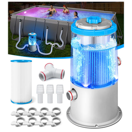KimPump 1000 GPH Light-Up Pool Filter Pump for Above Ground Pool|Built-in Blue LED Light,Transparent Housing for Real-Time Water Circulation &Filtration Monitor, Pool Cartridge Filter Pump System Cyan