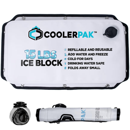 CoolerPak 15lb Refillable Reusable Ice Pack - Stainless Snaps - Cold for Days - Non-Toxic, Leakproof, Suitable for Potable Drinking Water & Cold Plunge - Built Tough, Roll Up for Easy Storage