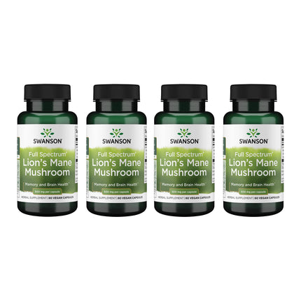Swanson Lion's Mane Mushroom Brain Health Supplement for Professionals Seeking Mental Focus, Memory, and Clarity Support - 500 mg (60 Vegan Capsules, 4 Bottles, 4 Pack)
