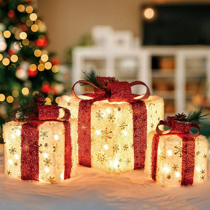Set of 3 Lighted Boxes, Gold Snowflake