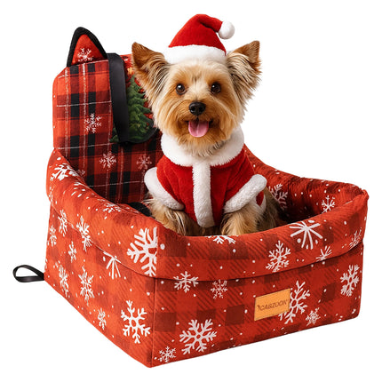 CABZOON Christmas Dog Car Seat for Small/Medium Dogs Up to 35lbs,Elevated Cushion Fits in Front/Back Seat,Travel Safety Per Car Bed with Washable Removable Cover, Storage 2 Pockets Christmas Tree