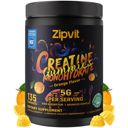 Creatine Monohydrate Gummies, NSF Certified Creatine Gummy, 5g Dose for Men & Women to Support Muscle, Strength, Recovery, Cognitive Health & Memory, Orange Flavor, 135 Gummies