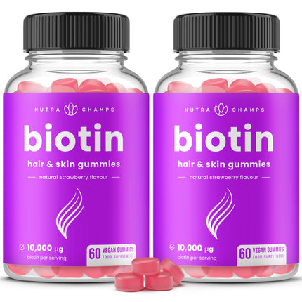 NutraChamps (2 Pack) Biotin Gummies 10,000mcg [High Potency] for Healthy Hair, Skin & Nails for Adults & Kids - 5000mcg in Each Gummy Vitamin - Vegan, Non-GMO, Pectin-Based Hair Health Supplement