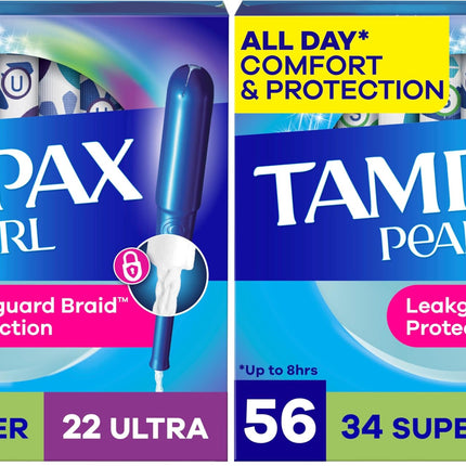 Tampax Pearl Tampons for Women Multipack, with LeakGuard Braid, Super/Ultra Absorbency, Unscented, 56 Count (Pack of 2)