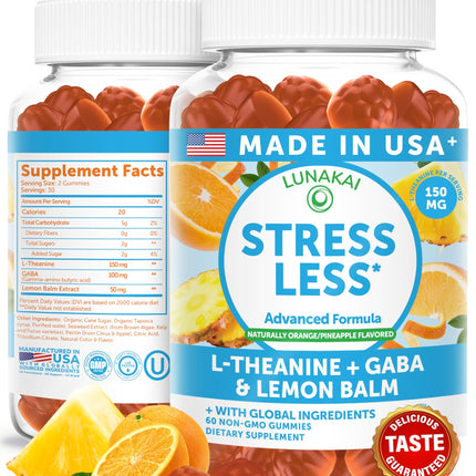 Lunakai USA Made Calm & Stress Relief Gummies – Delicious GABA + L-Theanine Calming Supplement for Adults & Kids – Natural Stress Support, 60ct