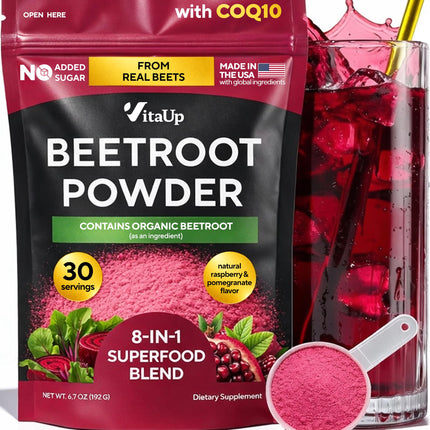 VitaUp Beet Root Powder 8 in 1 – USA Made Beets Powder Supplements with Grape Seed, Hawthorn, Coq10 – with Organic Beetroot for Normal Circulation & Energy Support – 30 Serving