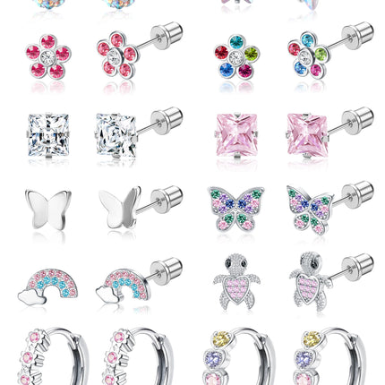 FIASASO Hypoallergenic Surgical Stainless Steel Earrings for Girls Kids Women - 12 Pair Screw Back Earrings for Sensitive Ears Cute Flower Butterfly Toddler Stud Hoop Earings Screwback Girl