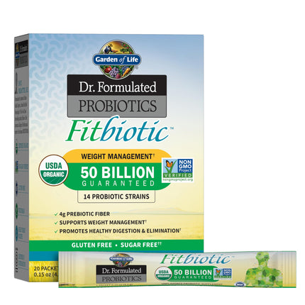 Garden of Life Dr. Formulated Probiotics Fitbiotic Weight Management Powder, 50 Billion CFU & Prebiotic Fiber, Organic & Non-GMO Digestive Gut Health Probiotic Supplement, 20 Single Serving Packets