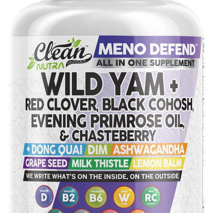 Clean Nutra Wild Yam Root Capsules with Red Clover Black Cohosh Evening Primrose Oil Chasteberry Dong Quai DIM Ashwagandha Grape Seed Extract Milk Thistle Lemon Balm and more Hormone Balance For Women