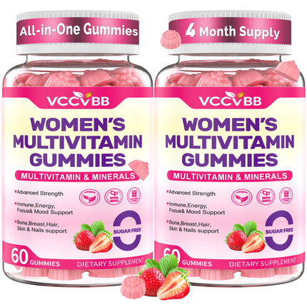 VCCVBB All-in-One Women's Multivitamin Gummies with Complete Vitamin & Mineral Complex, Herbal Blends for Energy, Overall Health, High Potency Hair Skin and Nails Vitamins, Strawberry Flavor, 2 Pack