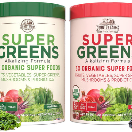 Country Farms Super Greens Power Pack, 50 Organic Super Foods, Greens Powder with Probiotics for Gut Health & Bloating Relief, Supports Energy, Unflavored & Berry, 40 Serving