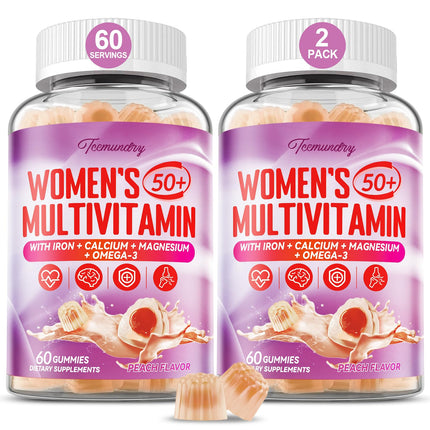 Multivitamin Gummies for Women 50 Plus - with Omega 3, Coenzyme Q10, Iron, Calcium, Zinc, Vitamin A, C, D3, E, K2, B Complex, Folate - Multi Vitamins & Minerals for Energy, Beauty, Immune, Pack of 2