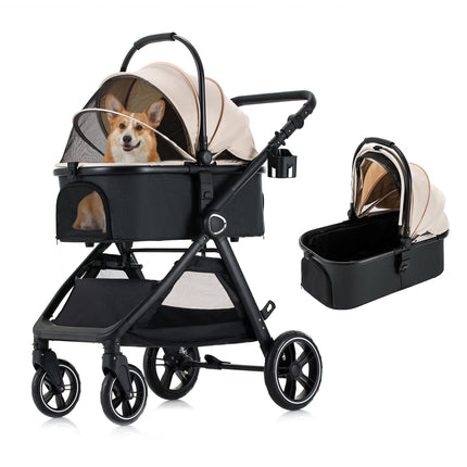 KAVELLIN Pet Stroller for Small Medium Dogs Cats Up to 50lbs, Dog Stroller with Removable Carrier, One Click Folding Cat Strollers, All-Terrain 4 Wheels Pet Strollers, Beige