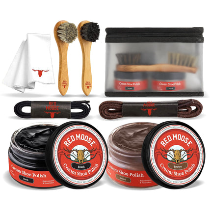 RED MOOSE 8pc Brown & Black Shoe Polish Kit – Made in USA – 2 Brushes, Buffing Cloth, Travel Case & Laces – Rich Cream with Natural Waxes & Oils – Brown & Black Shoe Polish for Leather