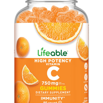Lifeable Vitamin C Gummies for Adults | 750mg | Great Tasting Orange Flavor VIT C | Vegan Non GMO Vitamin C Chewable | for Immune Support | 90 Gummies
