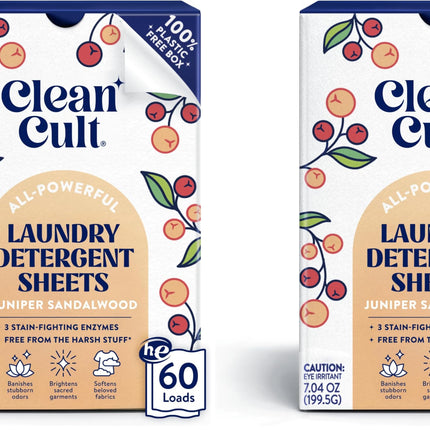 Cleancult Laundry Detergent Sheets - Resealable Box - 3 Stain Fighting Enzymes - Juniper Sandalwood - 60 Loads - Free of Harsh Chemicals - No Mess - No Plastic Waste (Pack of 2)