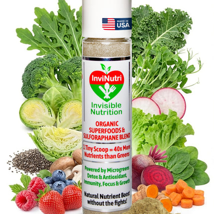 InviNutri Superfood Powder for Sensory & Picky Eaters. A TINY scoop- 40x Nutrient-Rich, 30mg Sulforaphane for Detox. Organic Microgreens, Fruits & Veggies - Blends Invisibly into Most Meals - 30 serv.