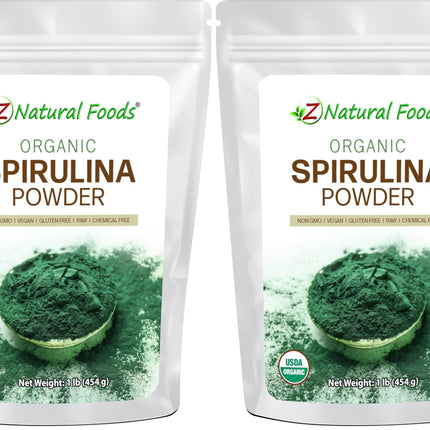 Z Natural Foods Organic Spirulina Powder - 100% Pure Spirulina, Nutrient-Dense Blue-Green Algae Superfood with Amino Acids, 15x Beta-Carotene - Mix in Smoothies, Yogurt, Recipes, 1 lb (Pack of 2)