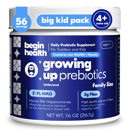 Begin Health Growing Up Prebiotics for Kids | Daily Prebiotic Fiber Supplement with 2'-FL HMO | Supports Regularity & Gut Health | Unflavored Powder | Ages 1+ | 56 Servings