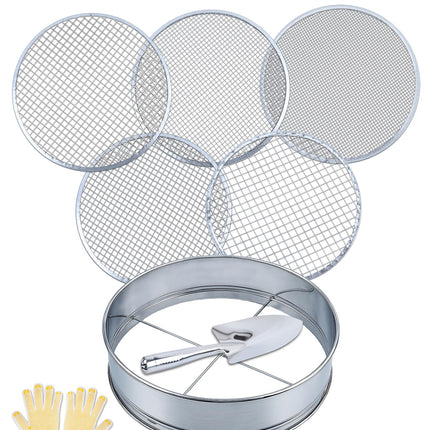 HIPULX 5-in-1 Soil Sifter Set with 5 Replaceable Stainless Steel Mesh Screen & Shovel (1/8" to 1/2"), Soil Sifter for Soils, Compost, Bonsai, Cat Litter and More（11-5/8" Diameter）