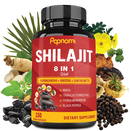Papnami Shilajit Himalayan Supplement for Men & Women - 150 Capsules Combined Ashwagandha, Ginseng, Saw Palmetto, Maca, Tribulus, Chaga & Black Pepper