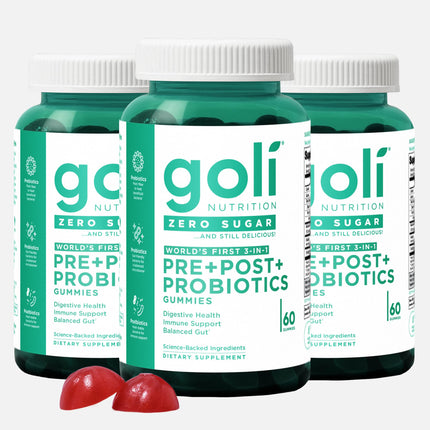 Goli Zero Sugar Pre Pro Postbiotic Gummies, 60 Count Each (3 Pack, 180 Total) - Worlds First 3-in-1 with DE111, XOS, MCC1849 - No Sugar Alcohols - Vegan, Keto-Friendly, Non-GMO