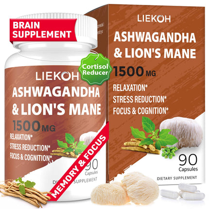 Liekoh Ashwagandha & Lions Mane Supplement Capsules, Brain Supplements for Memory and Focus, Ashwagandha Supplement with Rhodiola & Black Peppe, Cortisol Supplements for Women & Men,90 Caps