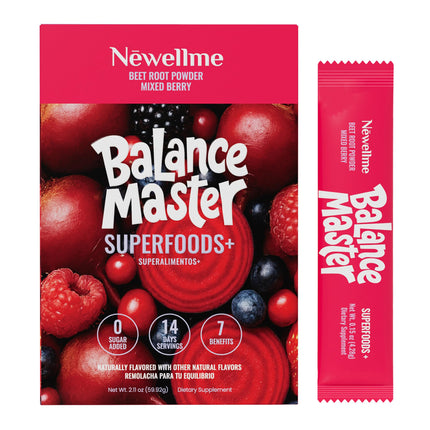 NEWELLME Balance Master Organic Raw Beet Root Powder - Super Reds Superfood for Heart & Energy, Smoothies, Baking & Juice, Natural Red Food Coloring, Mixed Berry, Sugar Free, Non-GMO, 14 Stick Packs