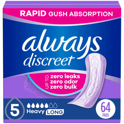 Always Discreet Adult Incontinence Pads for Women, Drier, 5 Drop Long Length, Heavy Absorbency, Pads for Bladder Control Management, Bladder Leaks, & Postpartum Pads, 64ct