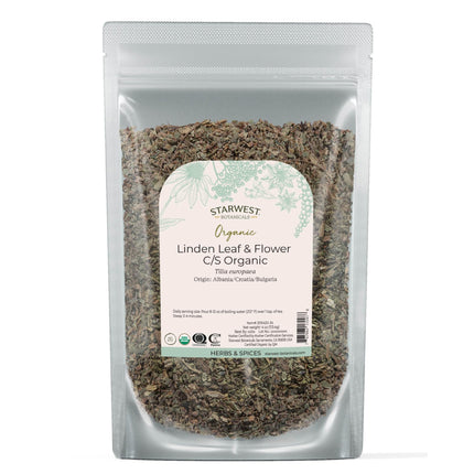 Starwest Botanicals Organic Linden Leaf & Flowers - Dried Loose Leaf Herb for Tea, Syrup, & Herbal Blends, Pure & Natural Linden, Caffeine Free, Cut & Sifted, Certified Kosher, Non-GMO - 4 oz Pouch