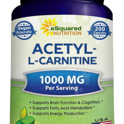 aSquared Nutrition Acetyl L-Carnitine 1000mg Per Serving Max Strength - 200 Veggie Capsules - High Dosage Acetyl L Carnitine HCL (ALCAR) Supplement Pills to Support Pure Energy, Brain Function