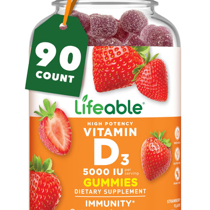 Vitamin D Gummies for Adults | 5000 IU | Great Tasting D3 Vitamin | Immune Support and Healthy Bones Vitamin D Supplement for Men, Women | 90 Gummies | Lifeable