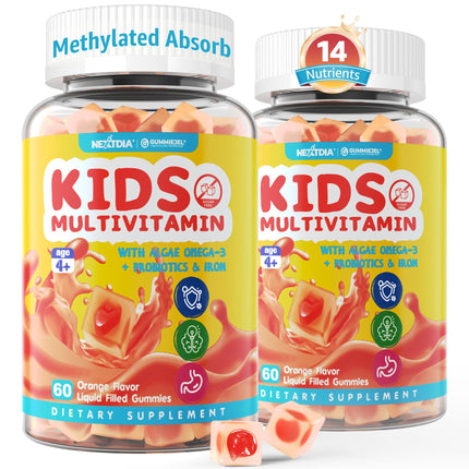 (2 Pack) Kids Multivitamin Gummies with Iron, Sugar Free, Kids Daily Vitamins + Probiotics, Algae Omega 3 (EPA/DHA), A, C, D, Methyl B12, Folate, B6, Zinc, Biotin, for Healthy Growth, Immune Support