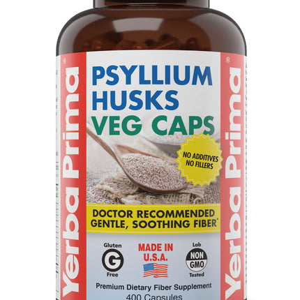 Yerba Prima Psyllium Husks Veg Caps, 400 Capsules (625mg) - Vegan, Non-GMO, Gluten Free, Colon Cleanser, Daily Fiber Supplement for Gut Health & Regularity