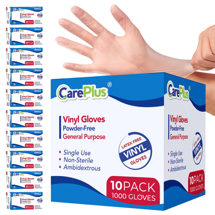 CARE PLUS Vinyl Gloves Clear Small Size 1000 Count | Heavy Duty, Non-Sterile, Powder-Free, Latex-Free Rubber | Food Prep, Kitchen & Cleaning Gloves, Ideal for Professional Use
