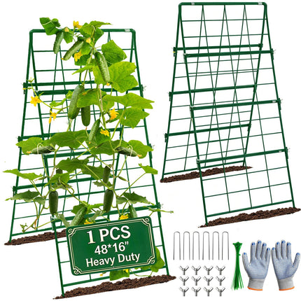 Heavy Duty Cucumber Trellis Thickened for Raised Garden Bed,48"x16" Foldable Frame Metal Vegetable Trellis for Climbing Plants Outdoor Plant Support for Grape Tomato Peas, Fruit, Vine,Bean(1 Pack)