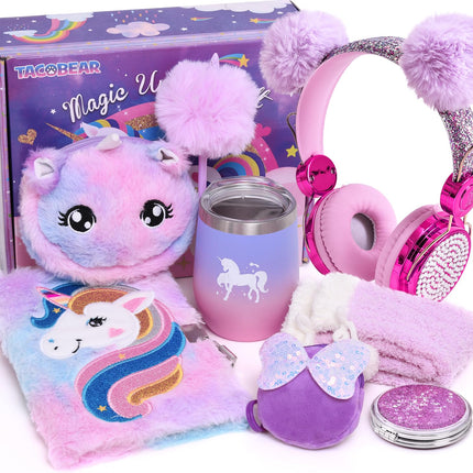 Tacobear Unicorn Gifts for Girls Age 6-10, 9PCS Unicorn Gift Set with Wired Headphones, Lock Diary, Insulated Cup, Coin Pouch, Socks, Mirror & Pen, Christmas Birthday Gifts for Kids 6 7 8 9 10 11 12