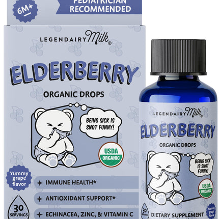 Legendairy Milk Elderberry Syrup Organic Liquid Drops for Babies & Toddlers, Immune Support Supplement Vitamin C, Zinc, Echinacea, Natural Baby Multivitamin Tincture Infant Immunity Kids 30 Servings