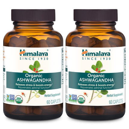 Himalaya Organic Ashwagandha Root, 120 Day Supply - Herbal Adrenal Support Supplements for Stress Relief and Energy Support - USDA Organic, Non-GMO, Vegan, Gluten Free, 60 Caplets, 2 Pack