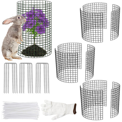 3Pack 17x14 Inch Green Coated Galvanized Wire Plant Protectors, 9Pcs Mesh Cloches with Stakes & Zip Ties, Chicken Wire Cage for Rabbits Squirrels Chickens, Garden Vegetable Seedling Protection