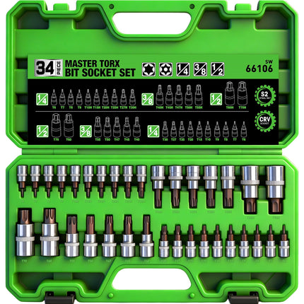34-Piece Torx Bit Socket Set, Tamper Proof T6-T70, Solid Star Bits Set, Premium CR-V & S2 Alloy Steel Star Socket Sets, Torque Bit Sets with Storage Case