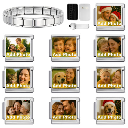 GEMOSA Silver 10PCS Custom Photo Italian Charm Bracelet Set, Stainless Steel with Gift Box & Tool – Personalized Jewelry Gift for Women