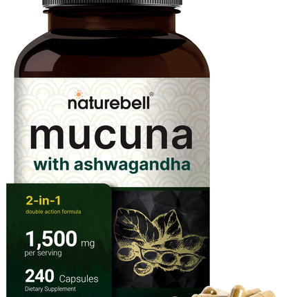 Mucuna Pruriens Capsules, Triple Strength 1500mg Per Serving, 2 in 1 Formula, Made with Mucuna and Ashwagandha, 240 Capsules, Potent Seed Extract, Positive Mood, Relaxation & Restoration Support