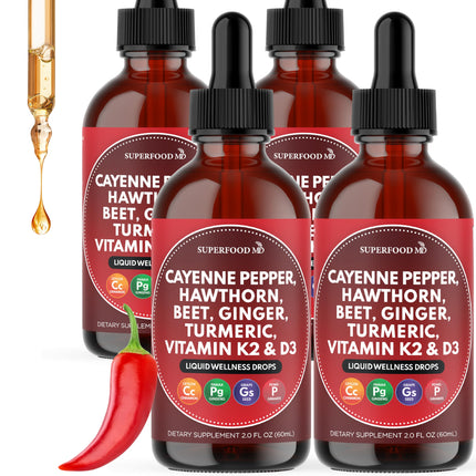Cayenne Pepper Supplement Liquid Drops + Hawthorn Berry, Vitamin D3 K2 Beet Root Powder, Ceylon Cinnamon, Turmeric Curcumin, Organic Panax Ginseng - 8 OZ
