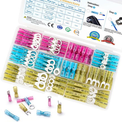 TICONN 120 Pcs Heat Shrink Wire Connectors, Marine Crimp Ring Terminal Kit